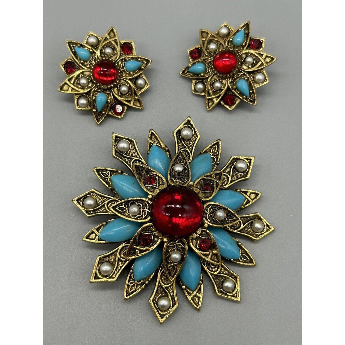 Arthur Pepper Signed Art Gold Tone Brooch Earrings Set Red/Blue Pearl Rhinestone